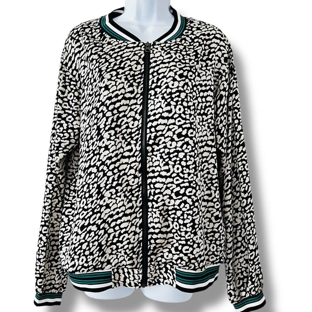 Kori America M Satin Bomber Jacket Black White Animal Leopard Print Zip Retro